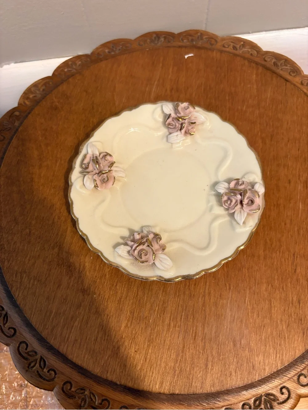 Ornate White Porcelain Pedestal Cup & Saucer with Pink Roses and Gold Trim